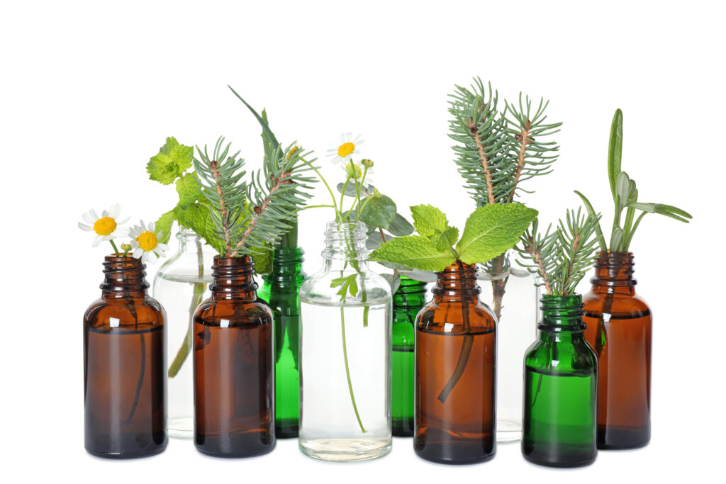 Essential oils in glass bottles